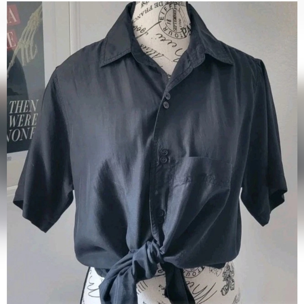 Vintage Black Silk Button-up Blouse Anna and Frank Double Button Detail Medium